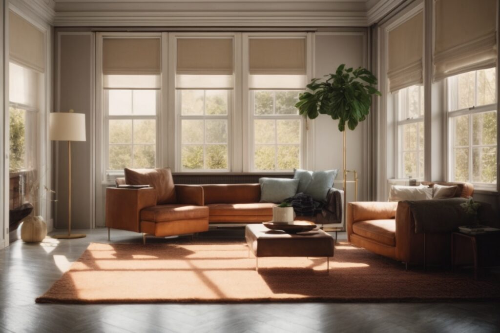 Interior sunlit room with faded furniture and UV protection window film