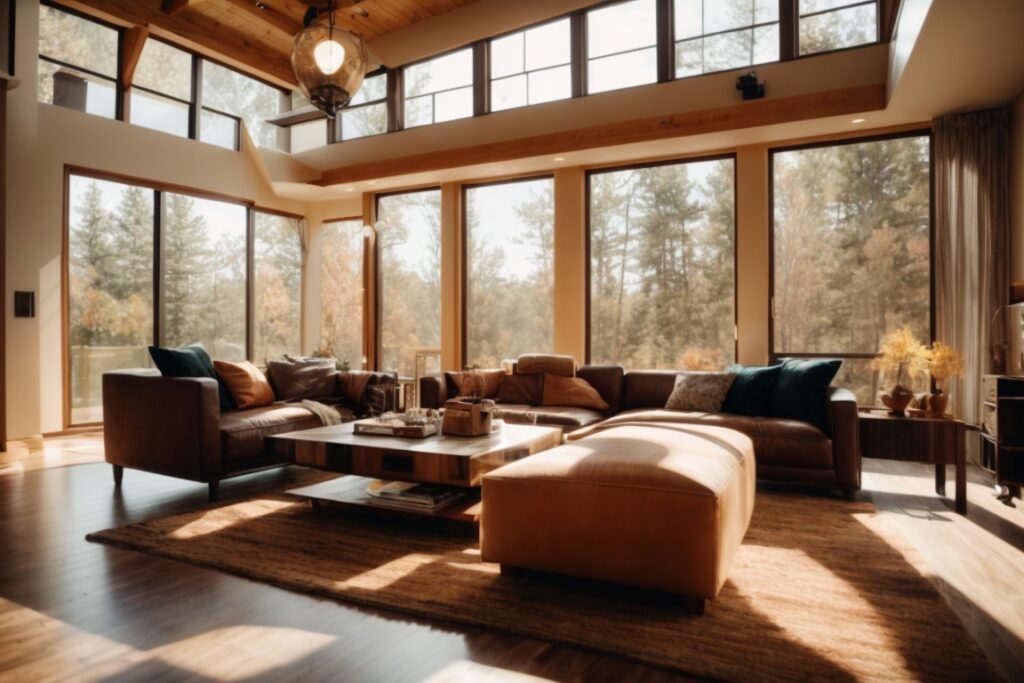 Colorado home interior with climate control window film, sunny day outside, comfortable living space