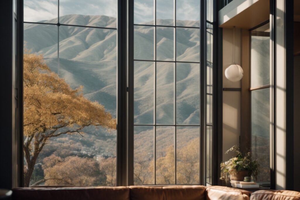 Living room with patterned decorative film on windows, mountain view in background