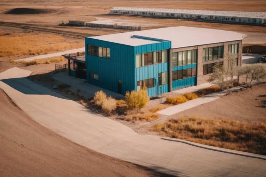 Colorful building wrapped in durable material amidst Colorado landscape