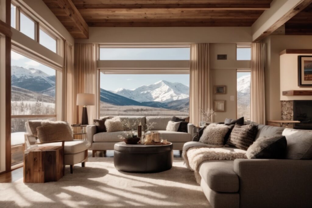 Colorado home interior with heat reduction window film, showing comfortable living space and visible outdoor snow-capped peaks through windows