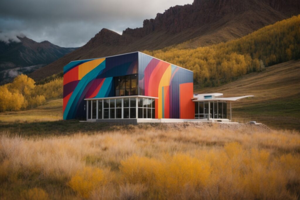 colorful exterior building wrap on mountainous Colorado landscape