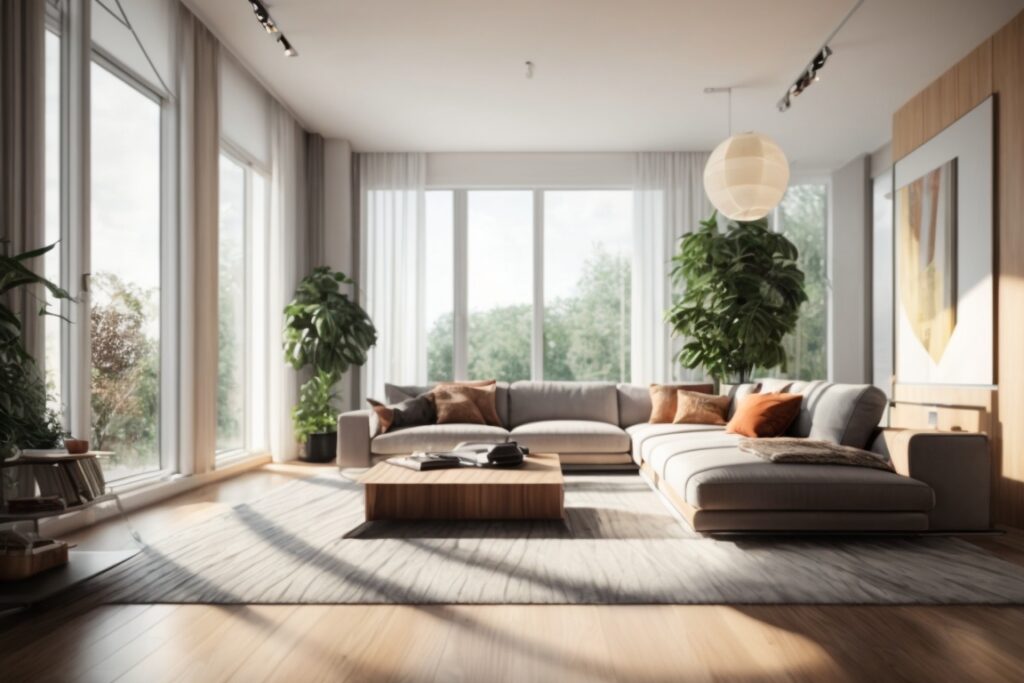 Modern living room with heat control window film, sunlight filtering through, cool and bright interior
