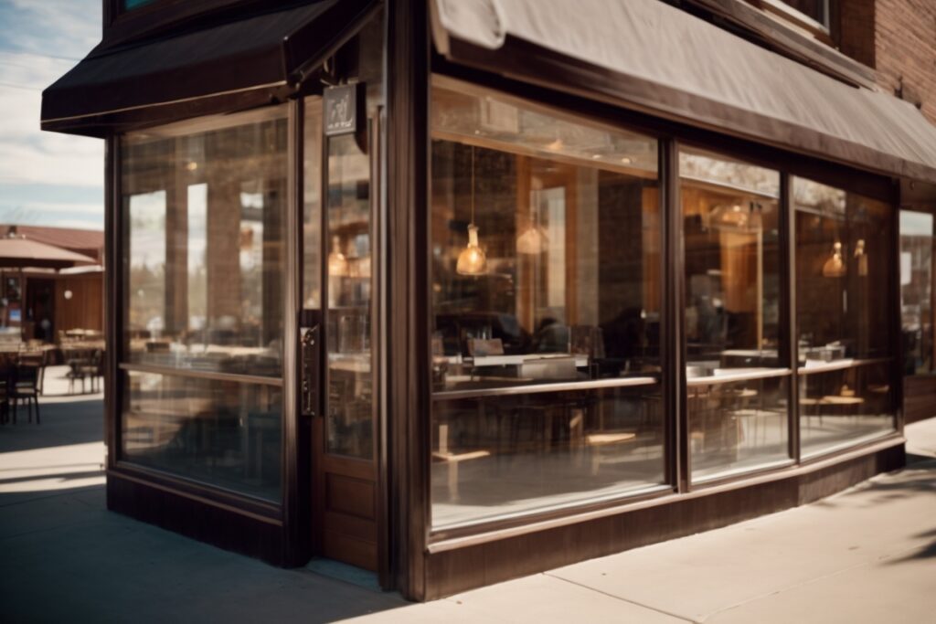 cafe in Colorado with opaque windows reflecting sunlight and offering privacy