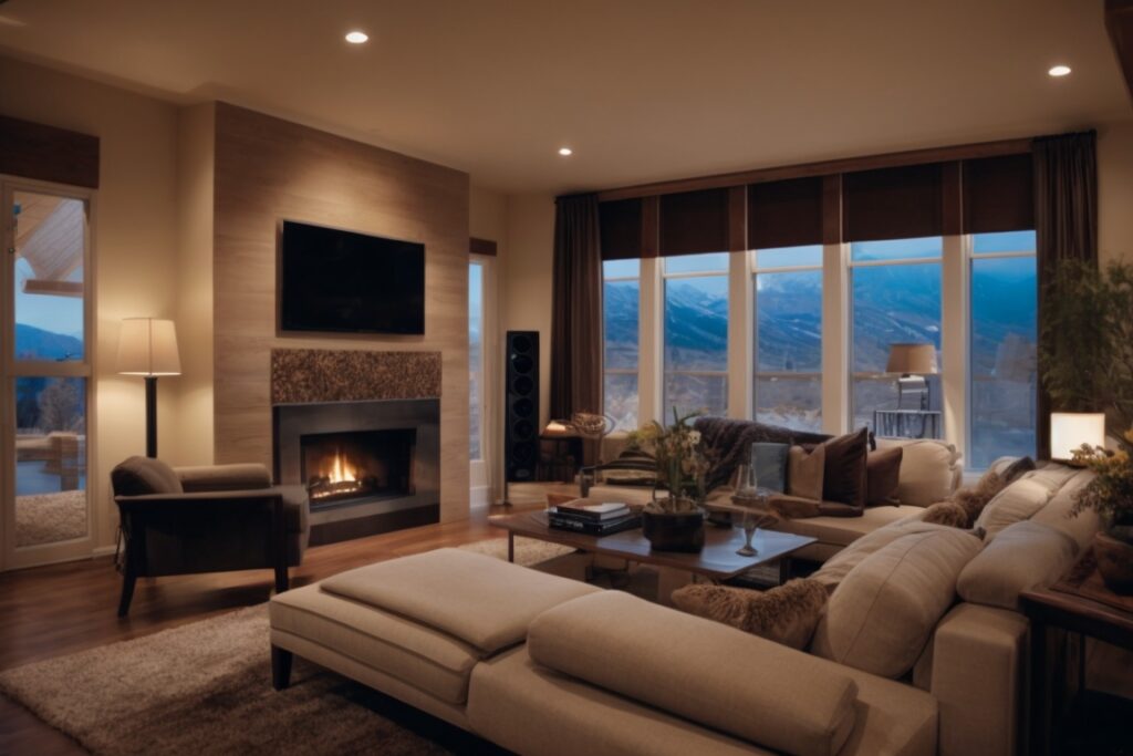 Colorado home with window tint film applied, energy-efficient interior lighting