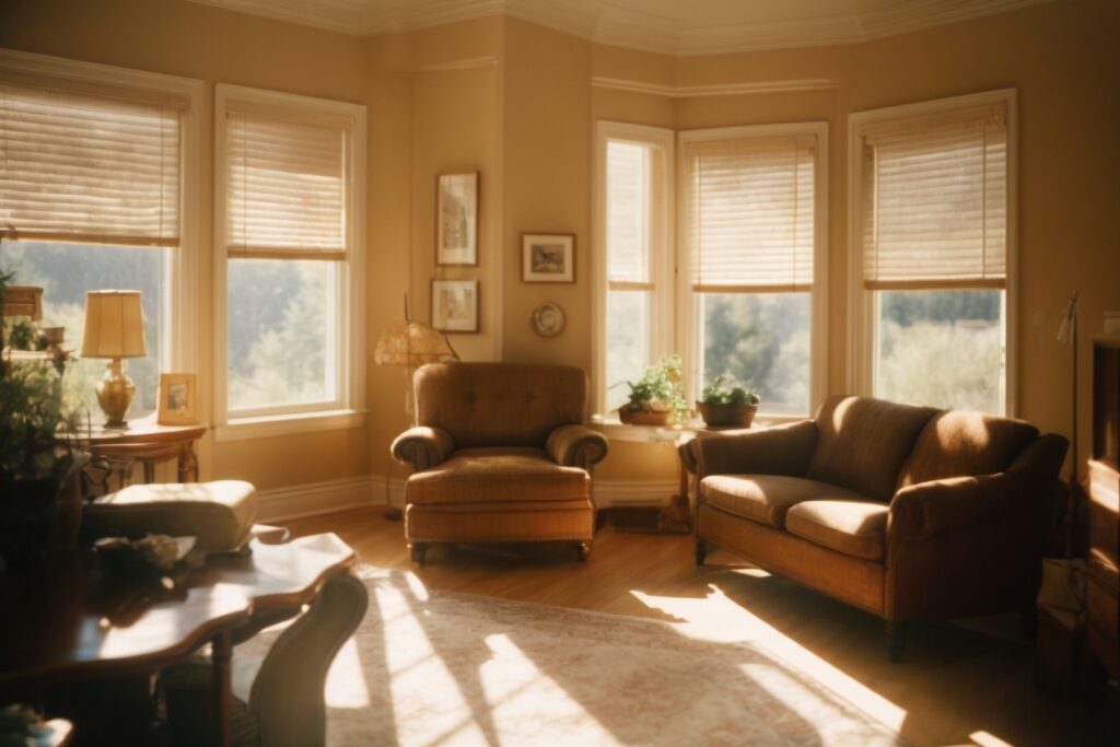 Colorado home interior with faded furniture and glaring sunlight through windows