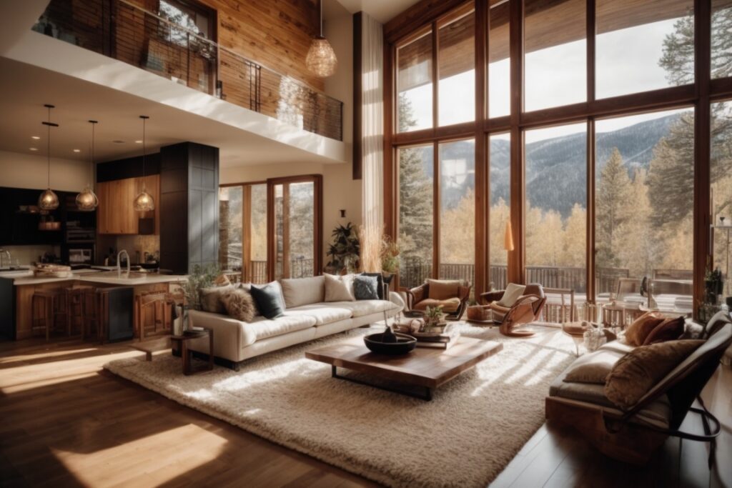 Colorado home interior with energy saving window film, soft natural light, cozy living room