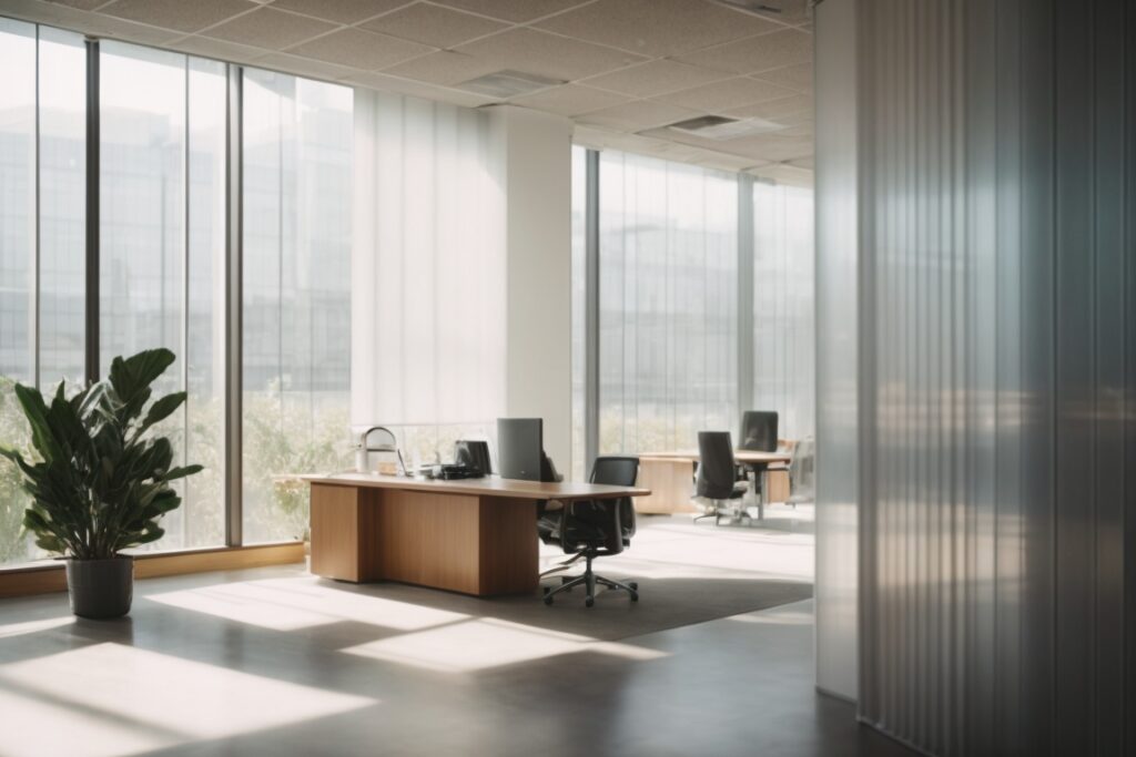 Modern office with opaque windows and natural light filtering through frosted privacy film