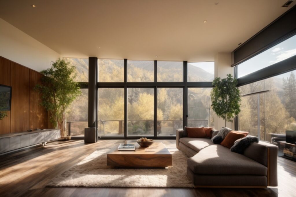 Colorado living room with glare-reducing window film, sunlight filtering through