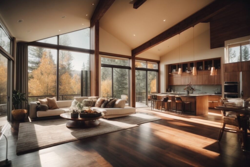 Colorado home interior with UV fade prevention window film, sunlight filtering in