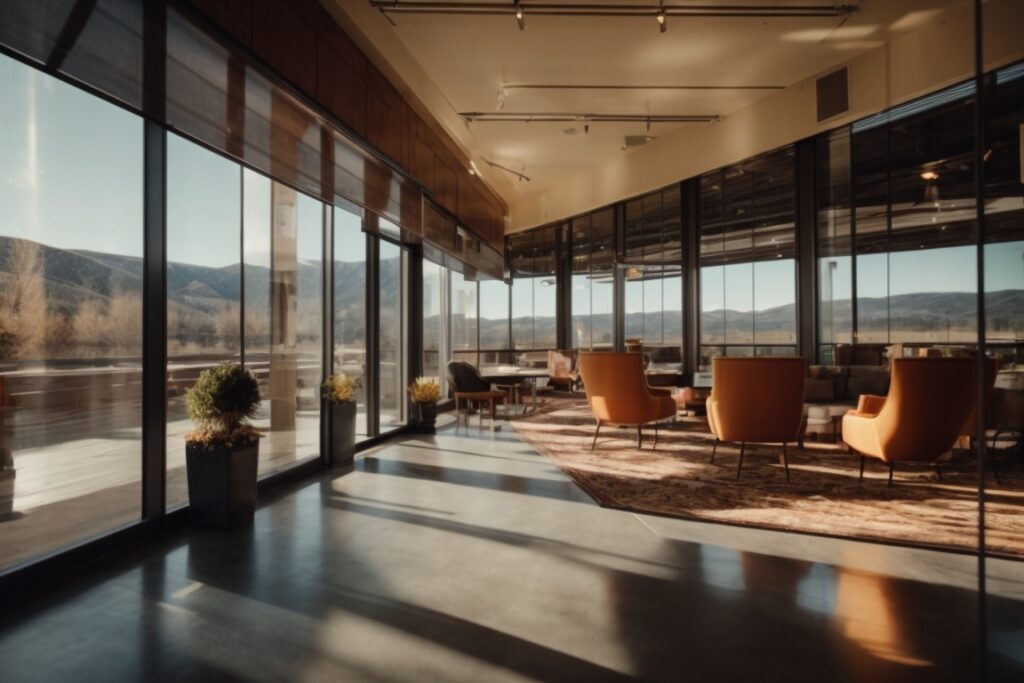 Colorado business with tinted commercial windows sunlight filtering