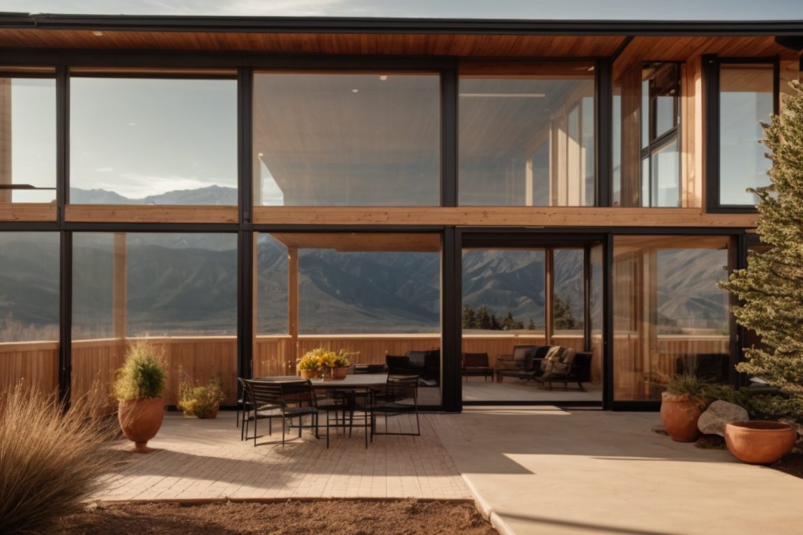 Colorado home exterior with visible window film, mountains in the background, sunny climate