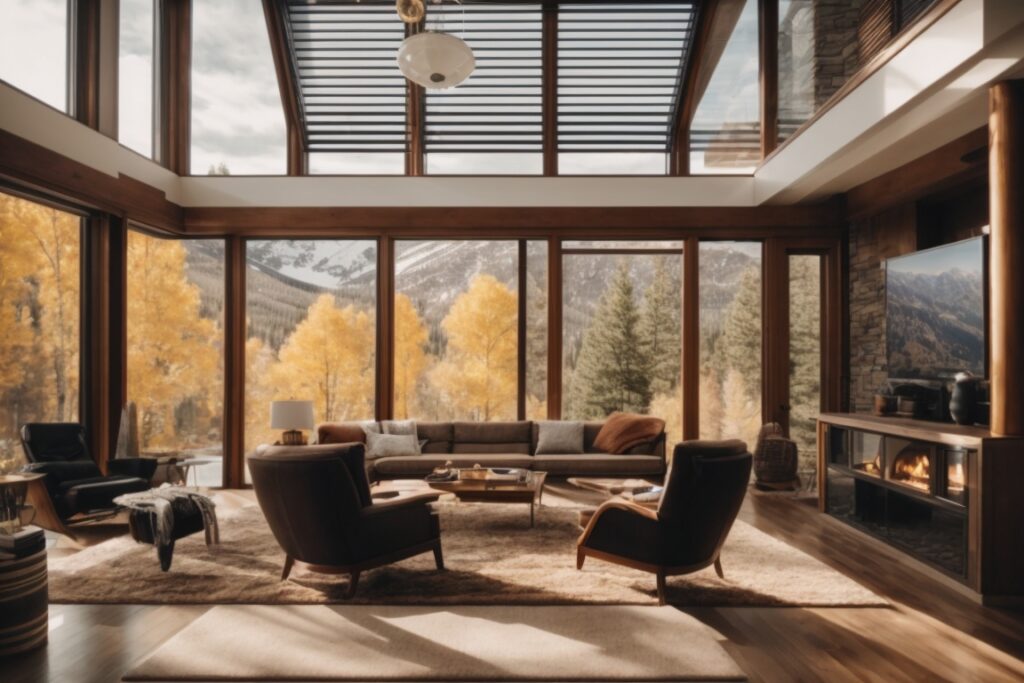 Colorado home interior with clear windows showing Rocky Mountains
