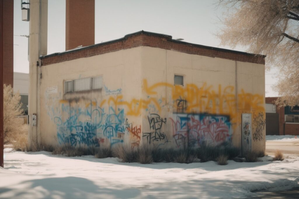 Colorado building with graffiti prevention film and visible graffiti on surfaces