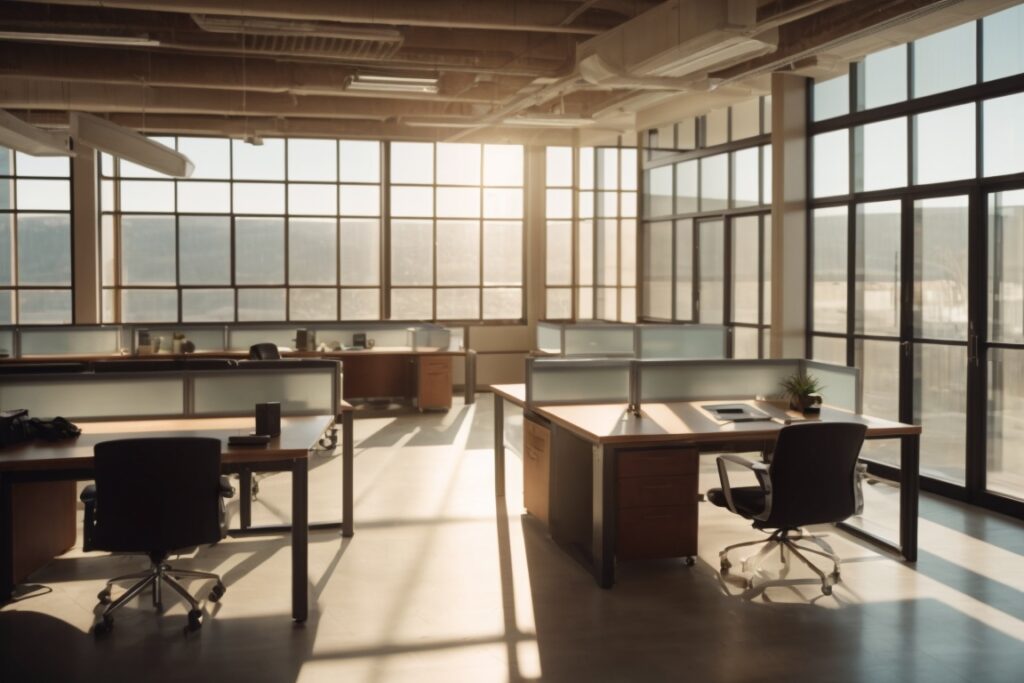 Interior office space with frosted glass windows, modern desks, Colorado sunlight filtering through