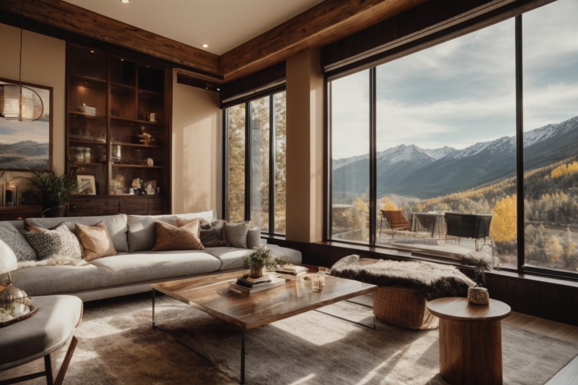 Colorado home interior with tinted window film, mountain view, decorative touches