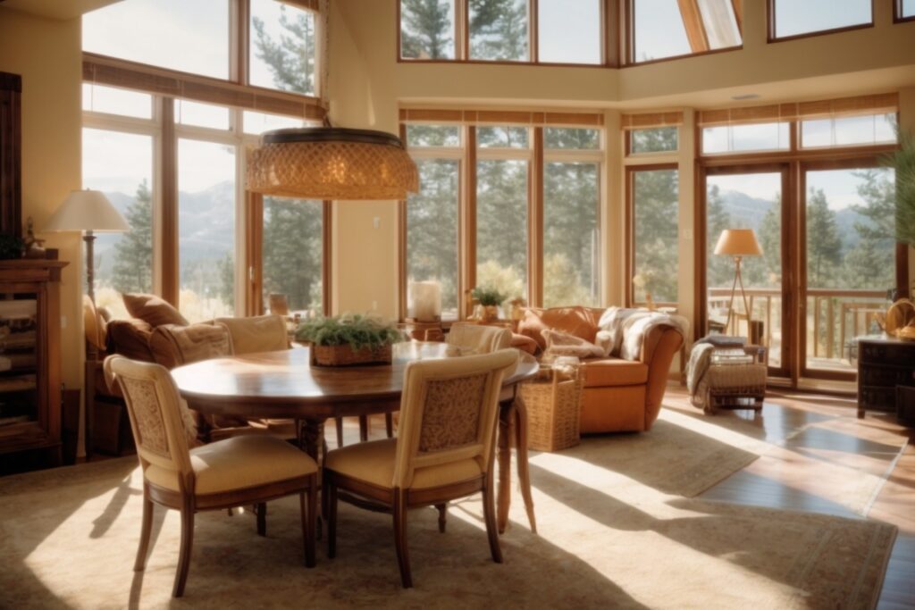 Interior of a Colorado home with sun-faded furnishings and clear windows