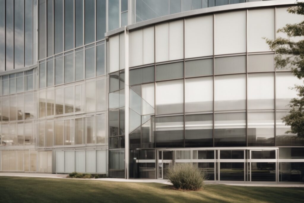 commercial building with large windows and visible heat waves