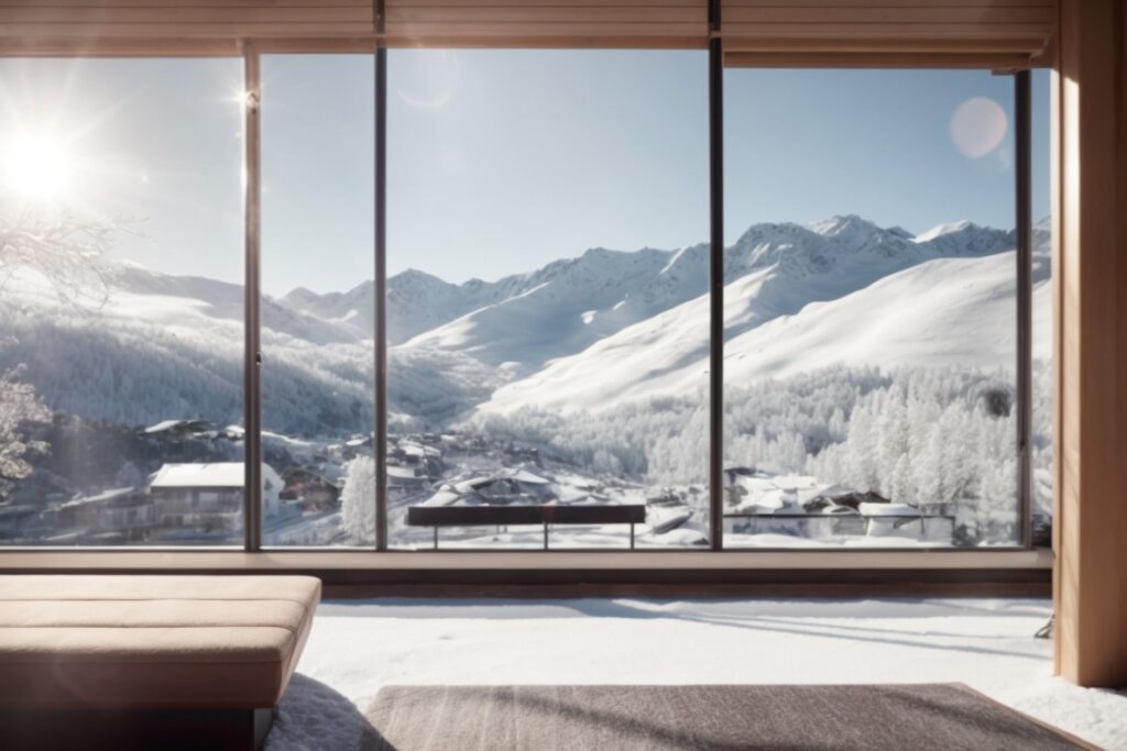 Ski resort with solar window film on large windows, snowy mountain backdrop
