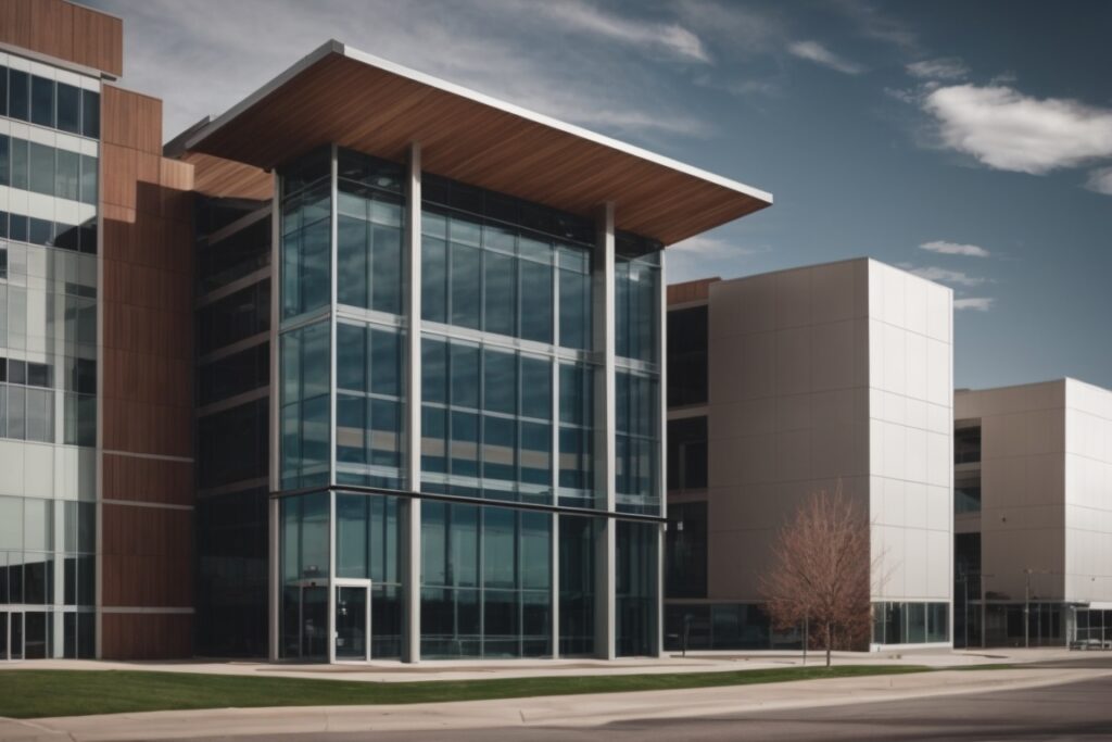 Modern office building in Colorado with energy-efficient window tinting