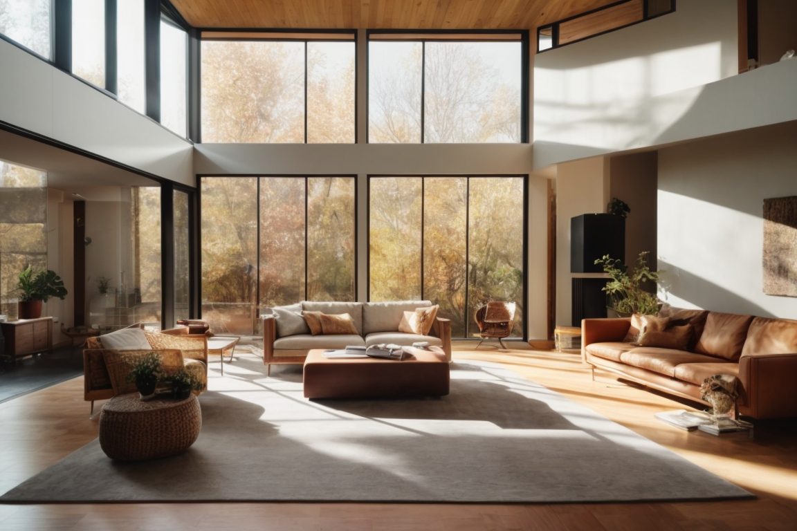 Modern living room sunlit through spectrally selective window films