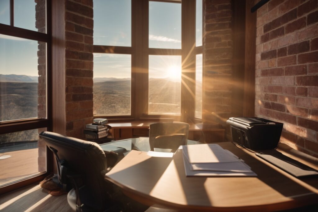 Colorado home office with glare control window film, sunlight filtering through, comfortable workspace setup