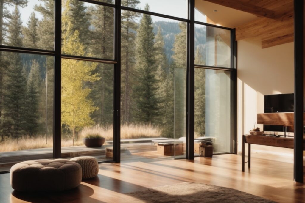 Colorado home interior with energy-saving window film, soft natural light, and scenic views