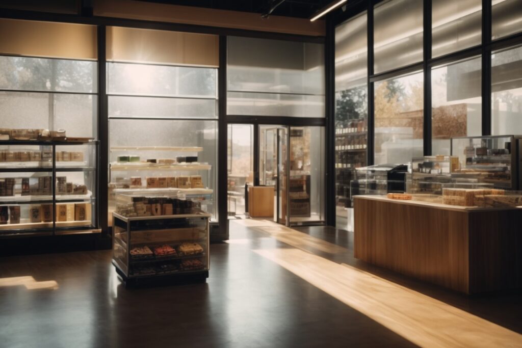 Colorado retail store interior with UV blocking window film, sunlight filtering through