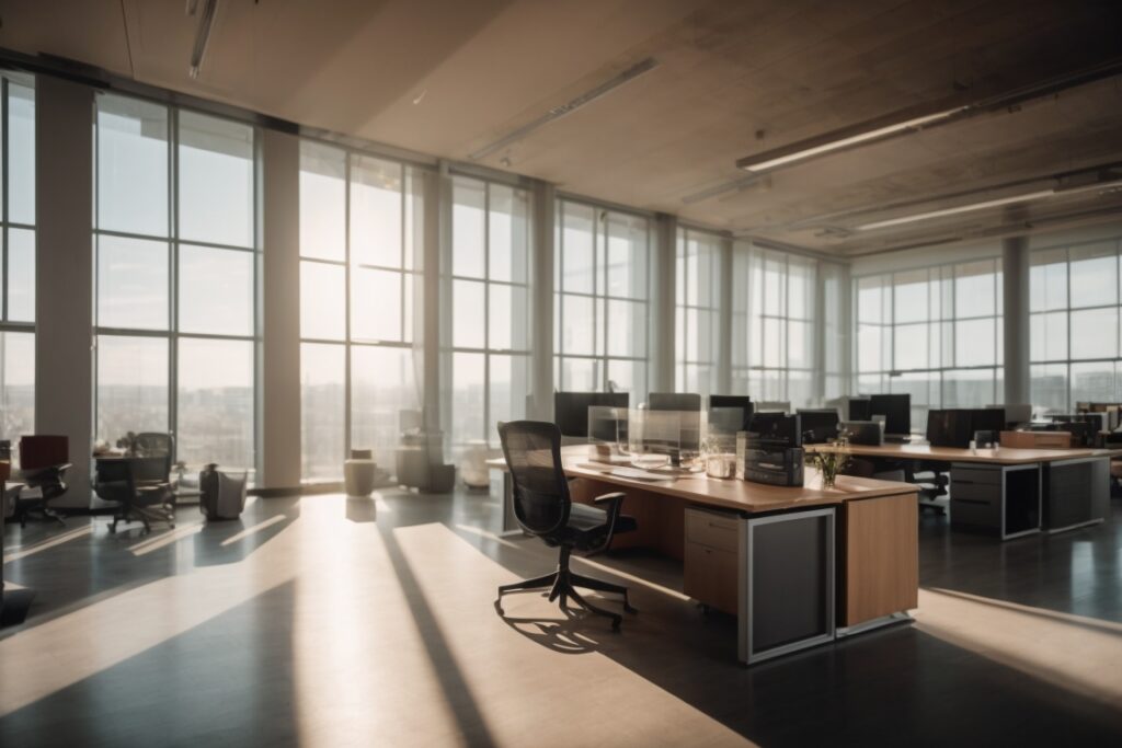Modern office interior with frosted opaque windows and sunlight-filtering
