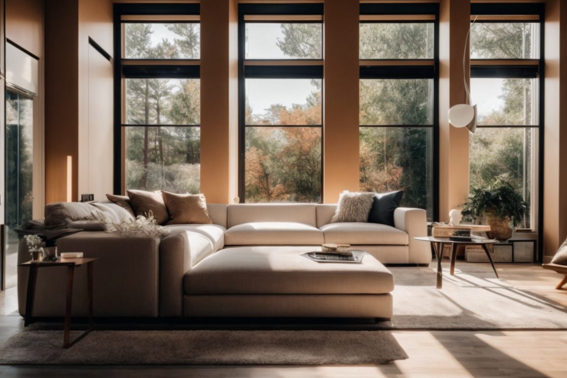 Modern home interior with advanced window film, reducing sun glare