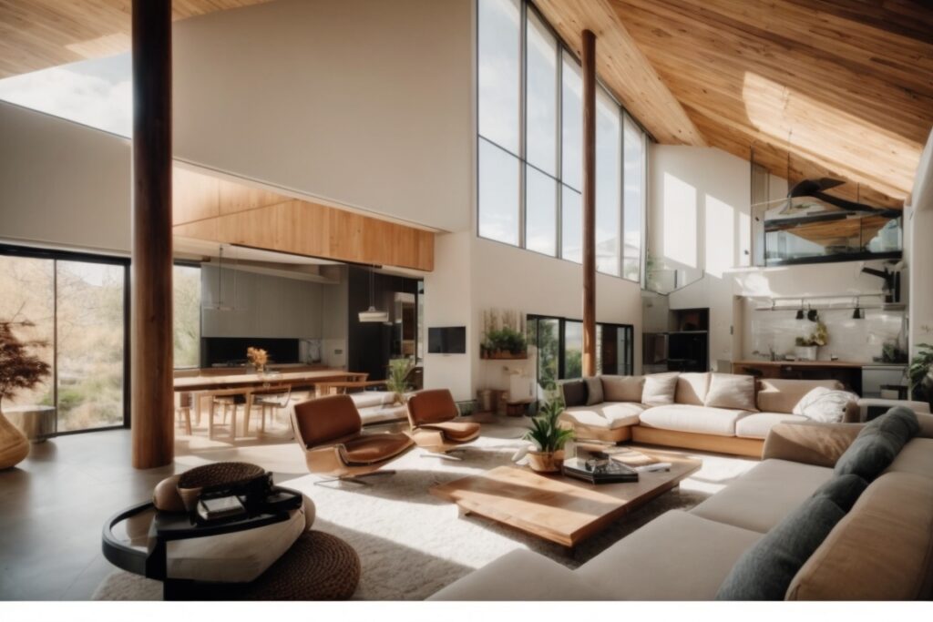 Colorado modern interior with glare reduction window film, soft sunlight, comfortable furnishings