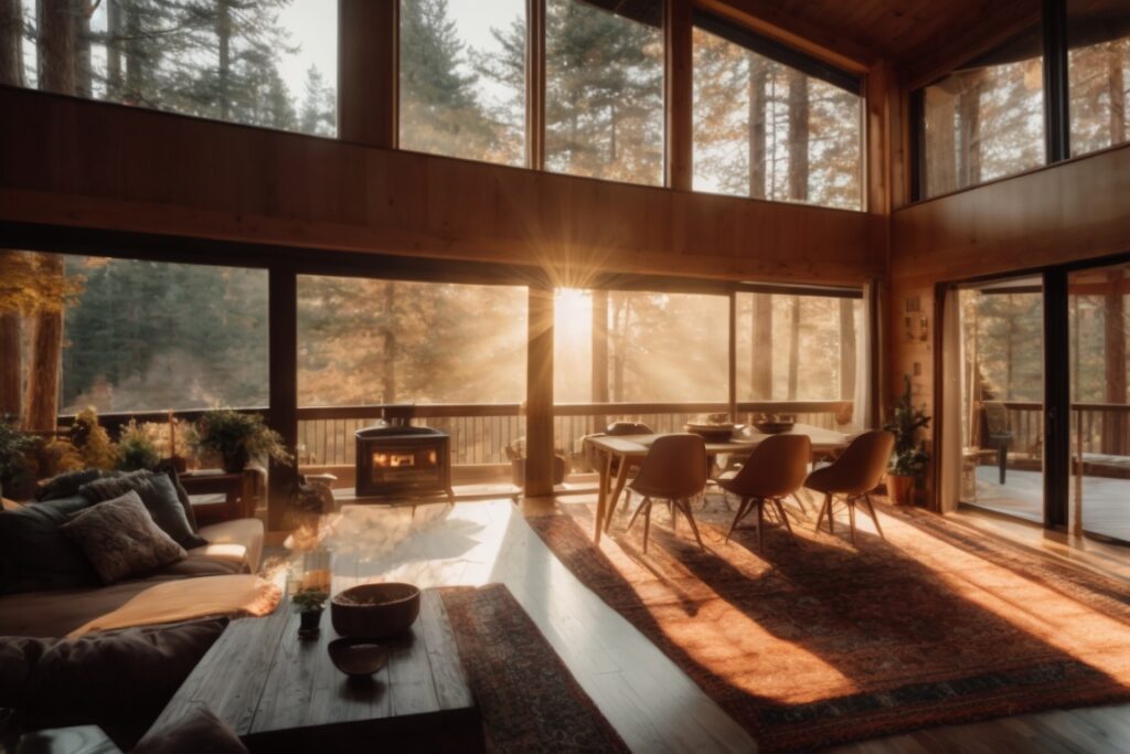 Cozy mountain home interior with sunlight filtering through glare-reducing window film