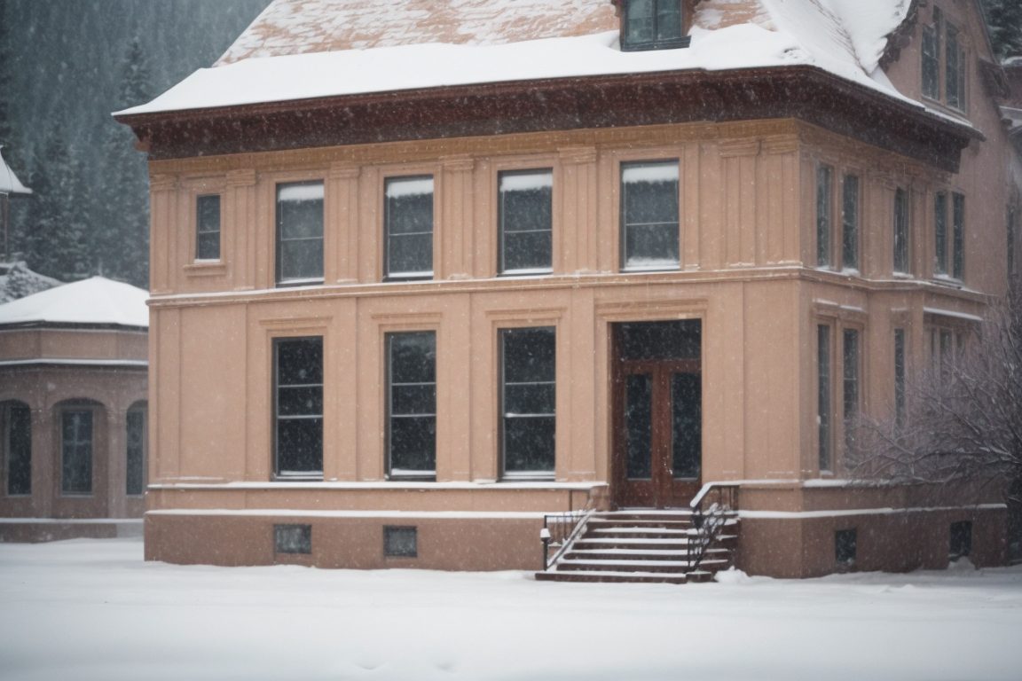 Colorado historical building with insulating window film and light snowfall