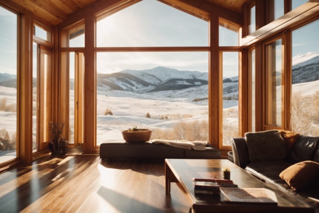 Colorado mountain home with energy-efficient windows, sunlit snowy landscape outside