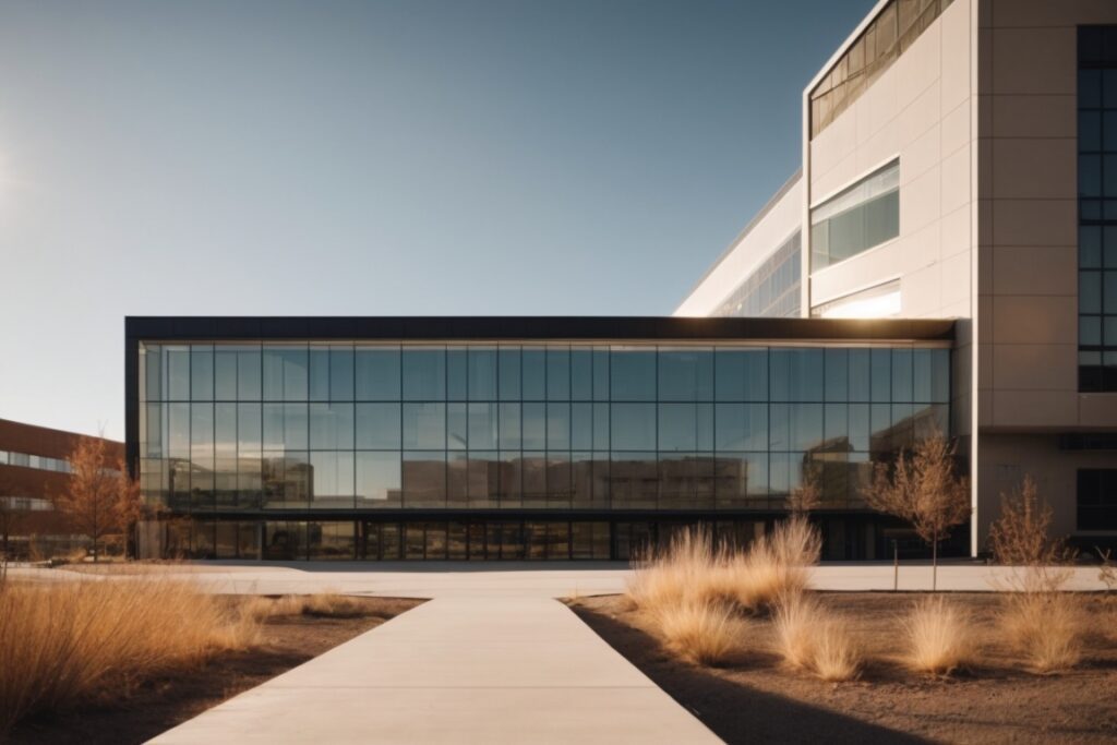 Modern Colorado building with low-e glass windows reflecting sunlight