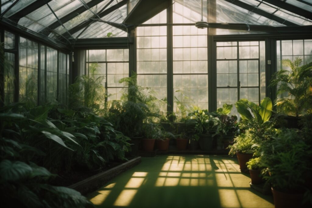 Interior of a greenhouse with heat blocking window films, lush green plants thriving under filtered sunlight