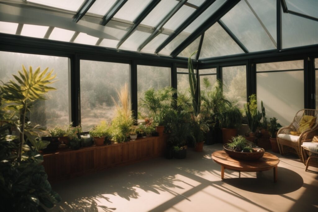 Colorado sunroom with thermal window film, plants, and sunlight filtering through