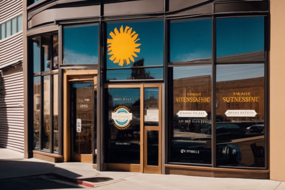Colorado business storefront with custom window film, bright sun, visible branding elements
